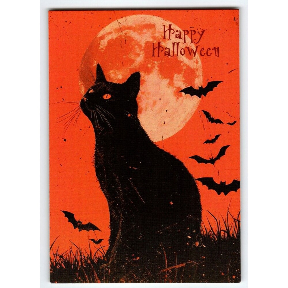 Vintage Halloween Postcard Black Cat Full Moon Bats Orange Chrome